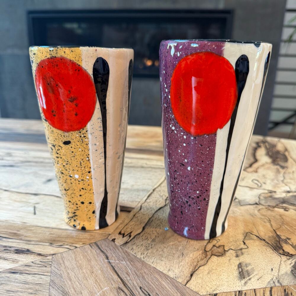 Signed Jack Charney Art Pottery Tumblers - Mid Century Modern Abstract Cups